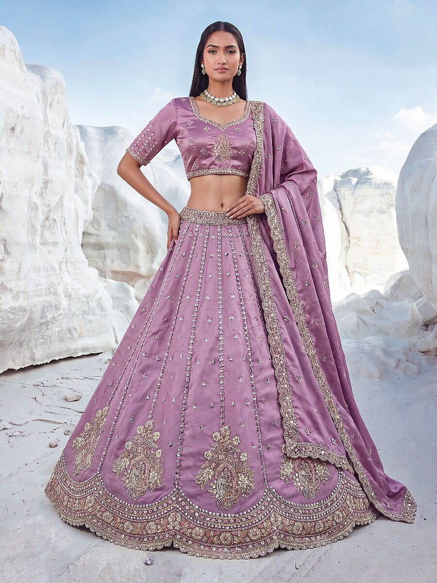 Purple Silk Embroidery Zari Sequins Wedding Reception Party Festival Heavy Border Lehenga Choli