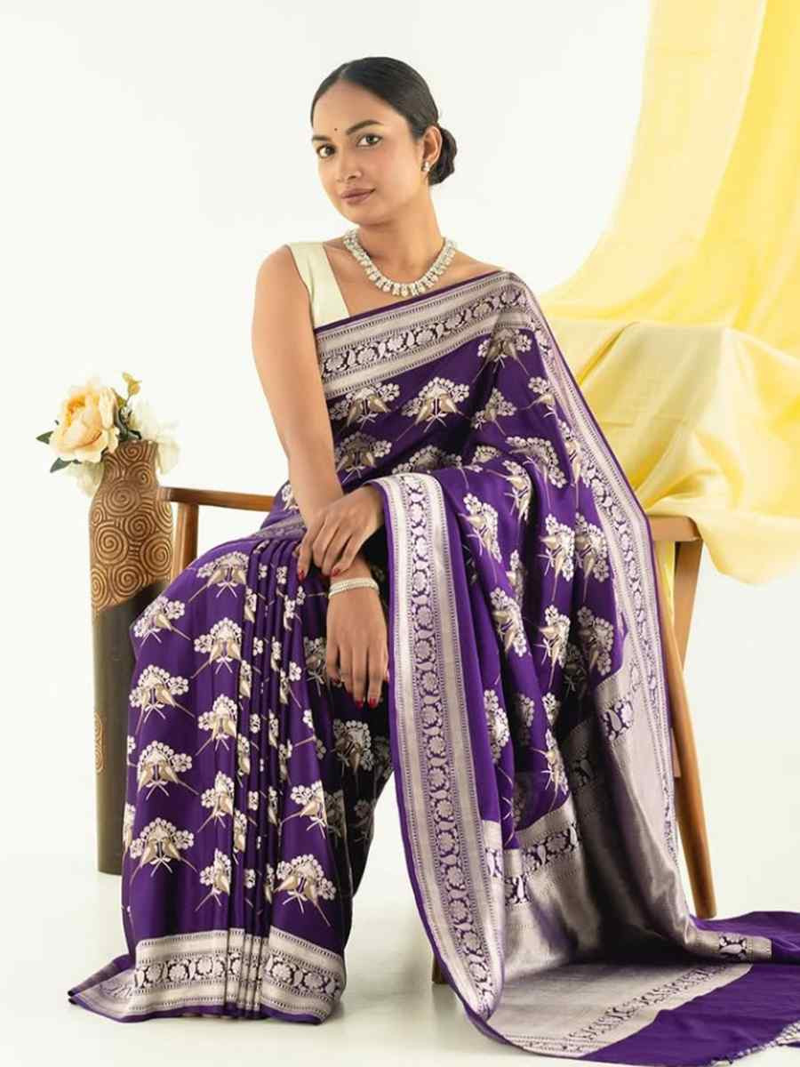 Purple Silk Handwoven Festival Wedding Fancy Heavy Border Saree