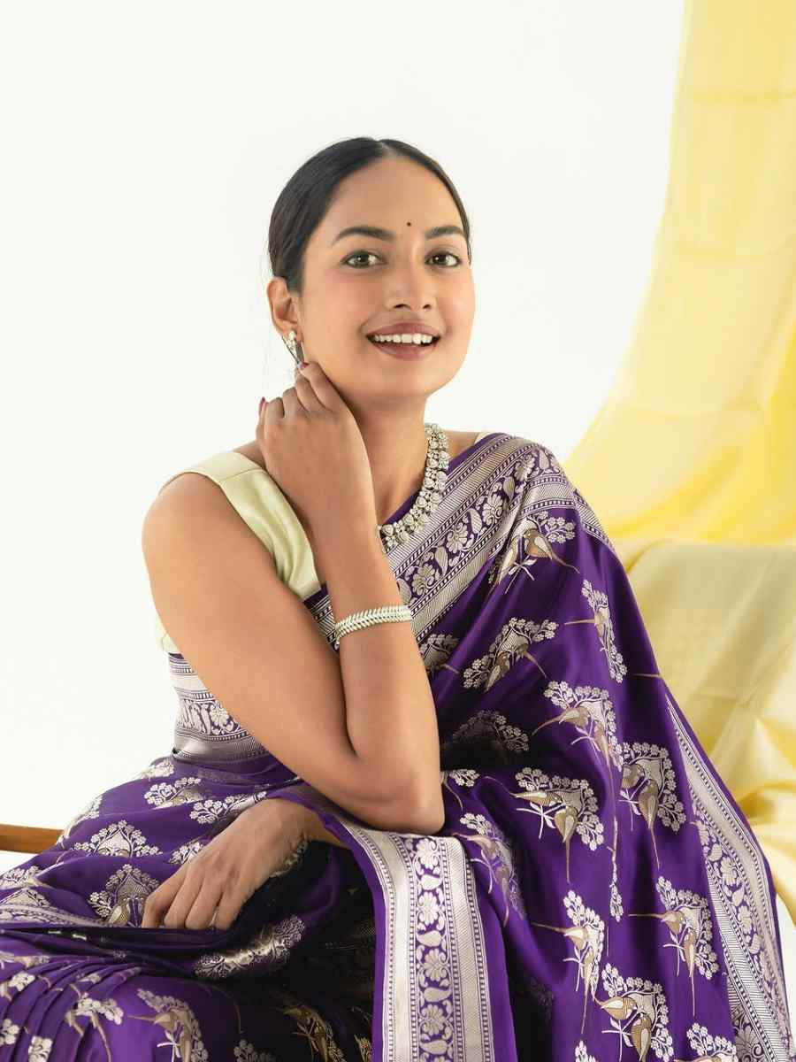 Purple Silk Handwoven Festival Wedding Fancy Heavy Border Saree