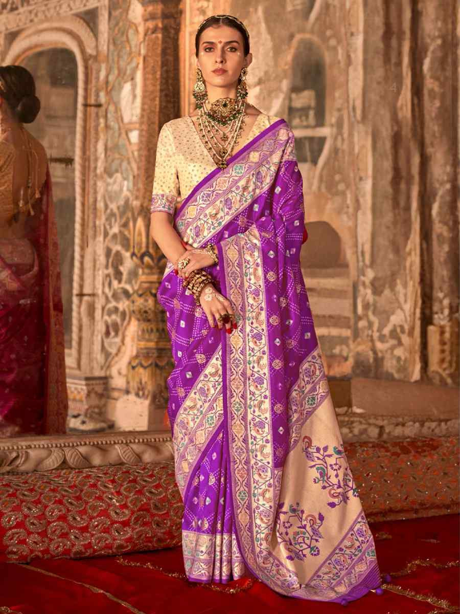 Purple Silk Handwoven Festival Wedding Fancy Heavy Border Saree