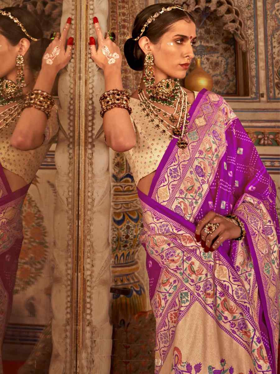 Purple Silk Handwoven Festival Wedding Fancy Heavy Border Saree