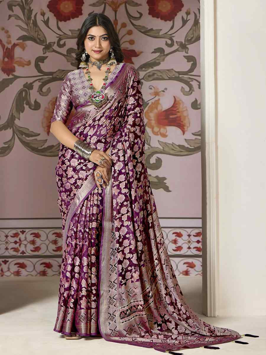 Purple Silk Handwoven Festival Wedding Fancy Heavy Border Saree