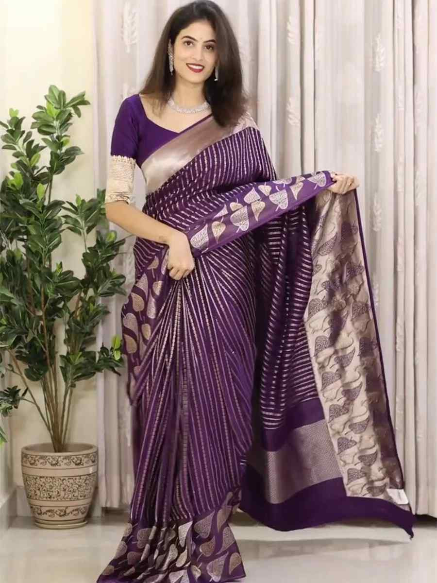 Purple Silk Handwoven Festival Wedding Fancy Heavy Border Saree