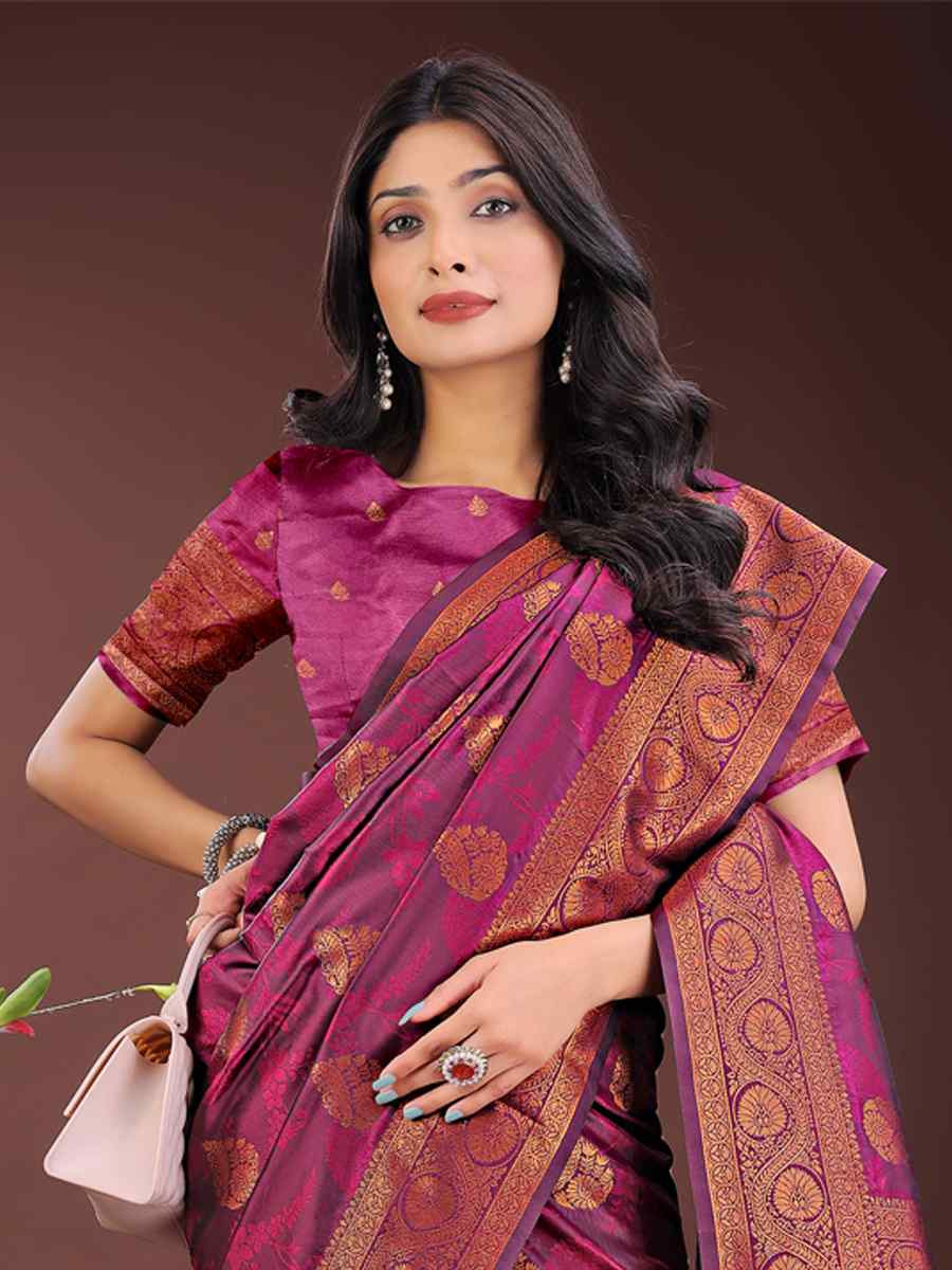 Purple Silk Handwoven Festival Wedding Fancy Heavy Border Saree