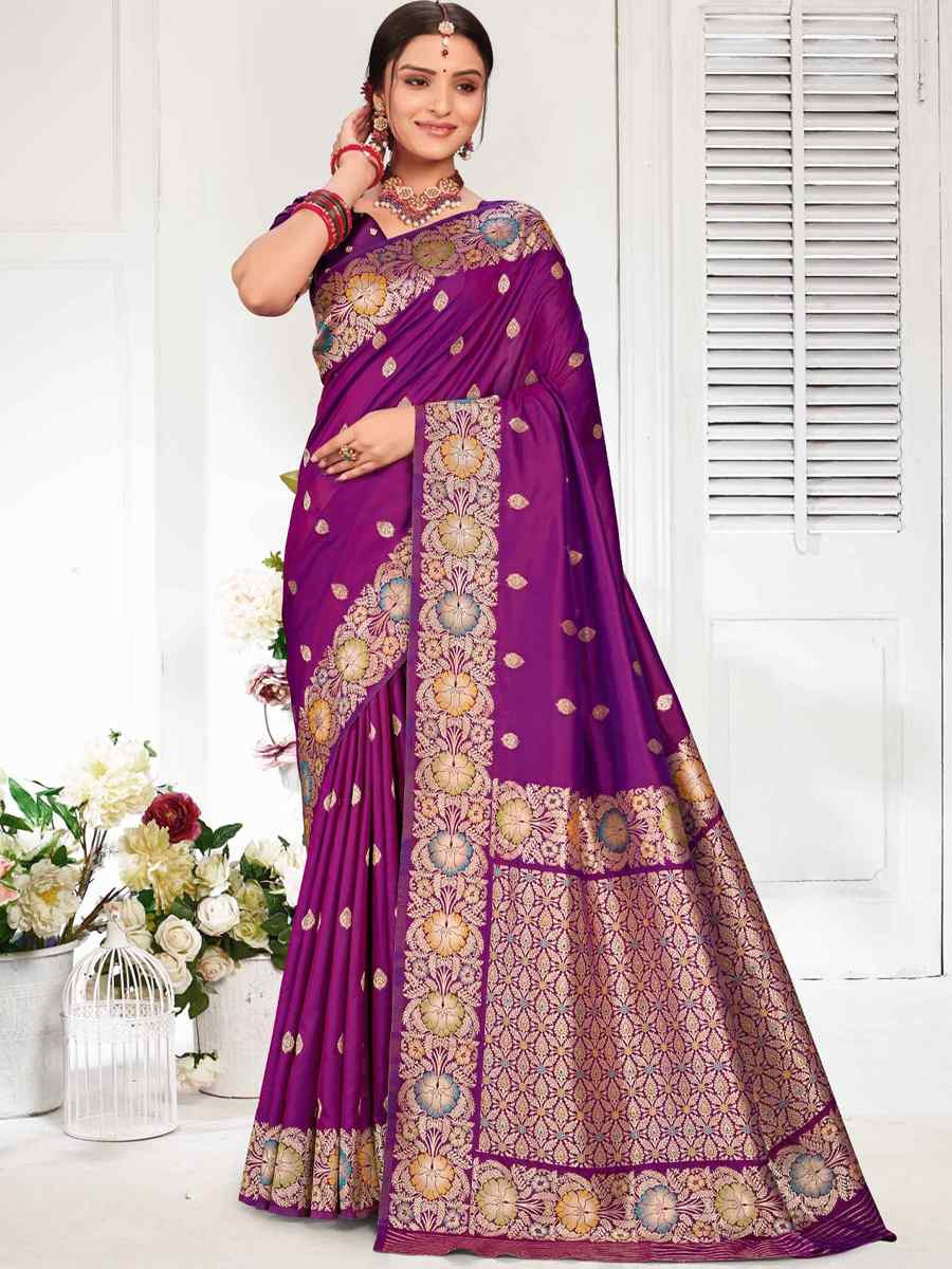 Purple Silk Handwoven Festival Wedding Fancy Heavy Border Saree