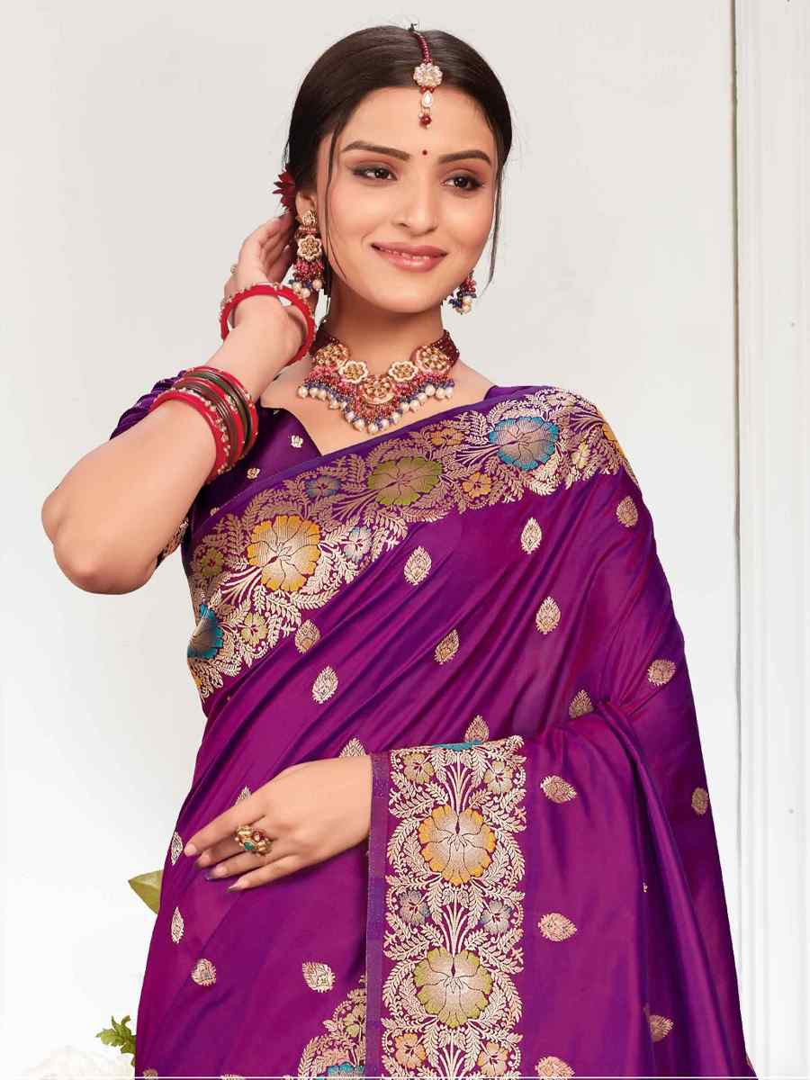 Purple Silk Handwoven Festival Wedding Fancy Heavy Border Saree