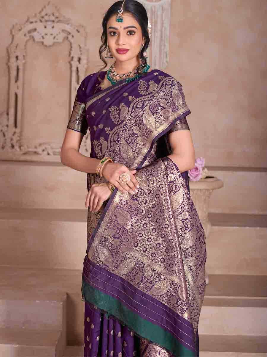 Purple Silk Handwoven Festival Wedding Fancy Heavy Border Saree