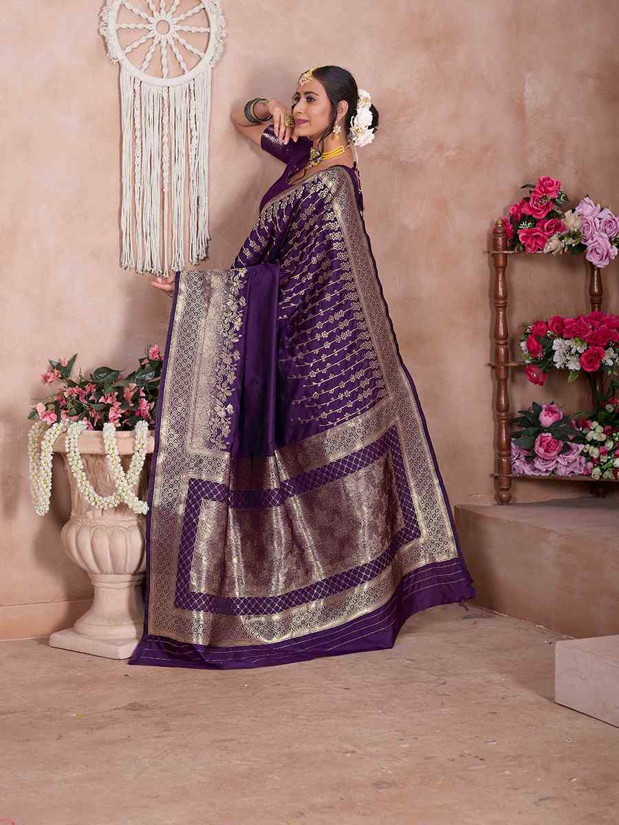Purple Silk Handwoven Festival Wedding Fancy Heavy Border Saree