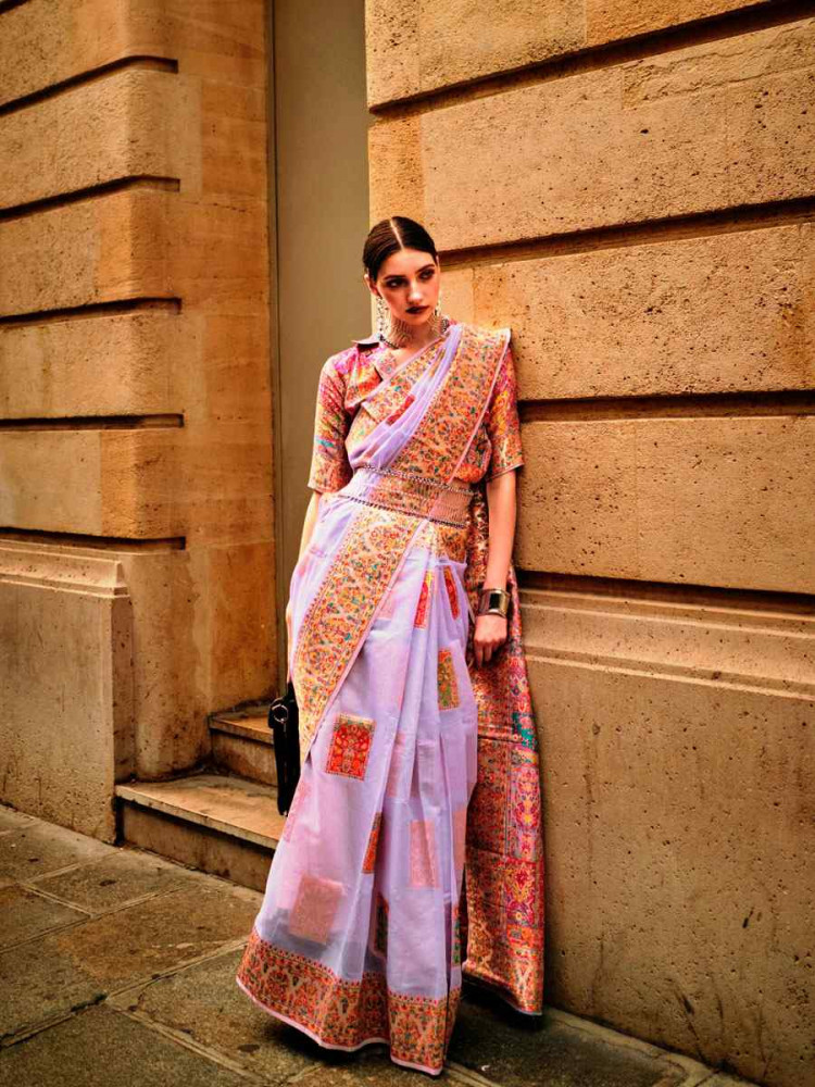 Image of Purple Silk Handwoven Traditional Bridal Reception Festival Wedding Fancy Heavy Border Saree