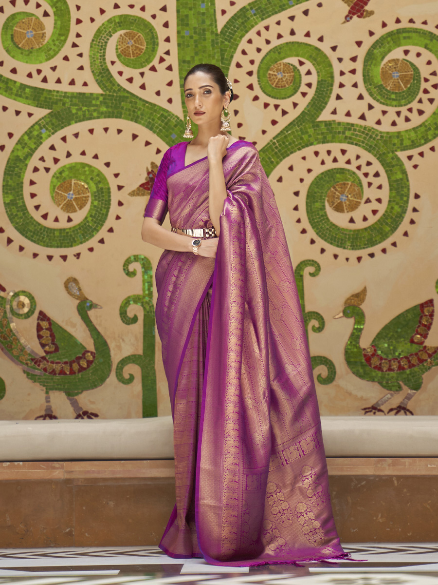 Purple Silk Handwoven Wedding Festival Heavy Border Saree