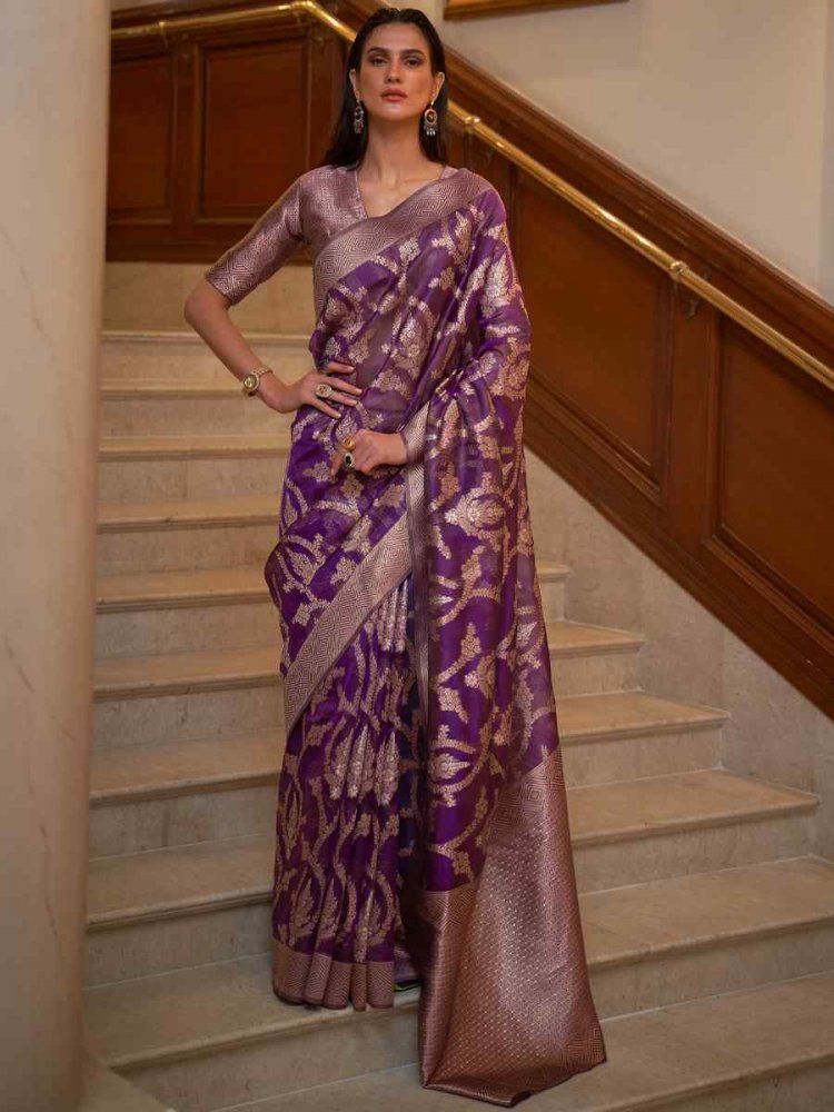 Purple Silk Handwoven Wedding Festival Heavy Border Saree