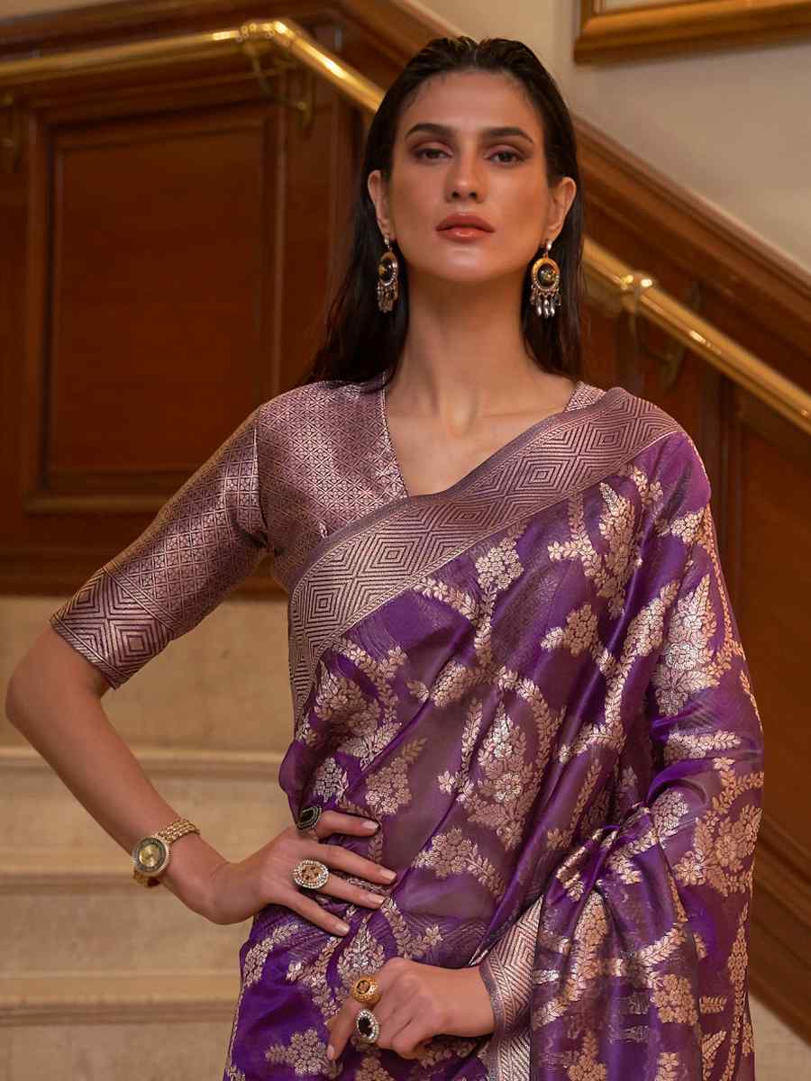 Purple Silk Handwoven Wedding Festival Heavy Border Saree