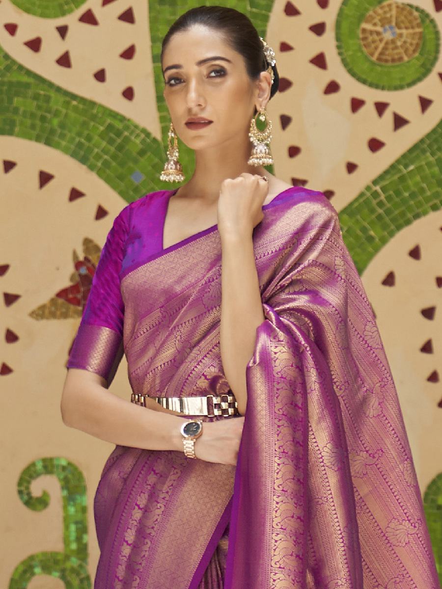 Purple Silk Handwoven Wedding Festival Heavy Border Saree