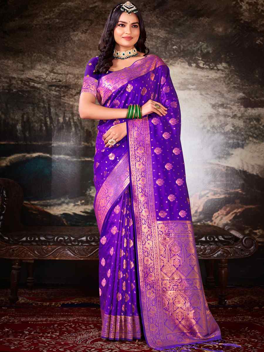 Purple Silk Handwoven Wedding Festival Heavy Border Saree