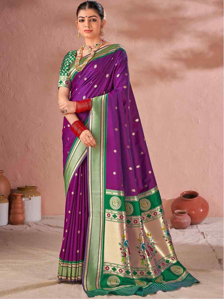 Purple Silk Handwoven Wedding Festival Heavy Border Saree