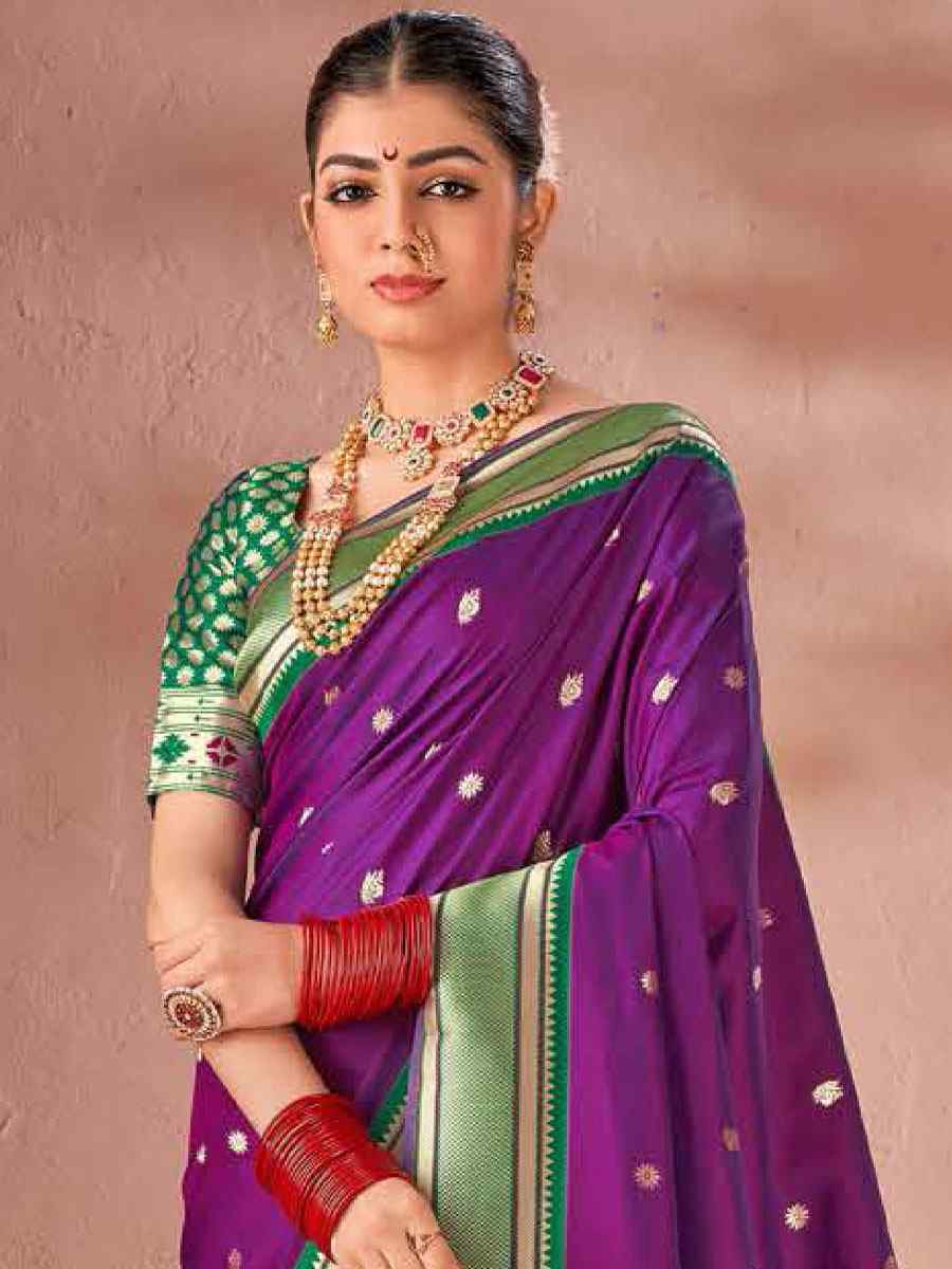 Purple Silk Handwoven Wedding Festival Heavy Border Saree