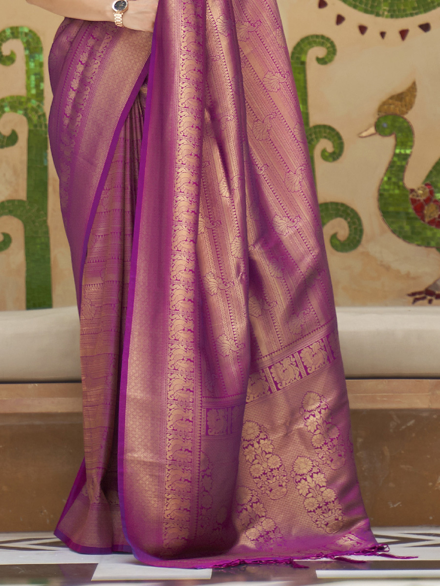 Purple Silk Handwoven Wedding Festival Heavy Border Saree