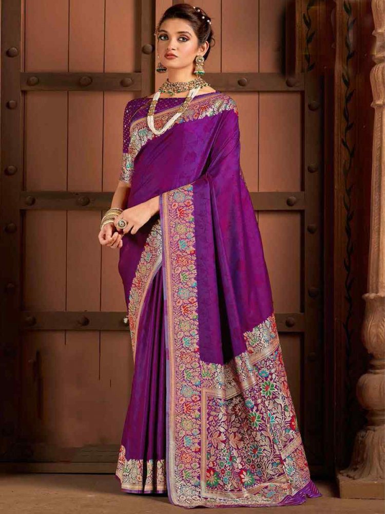 Purple Silk Handwoven Wedding Festival Heavy Border Saree