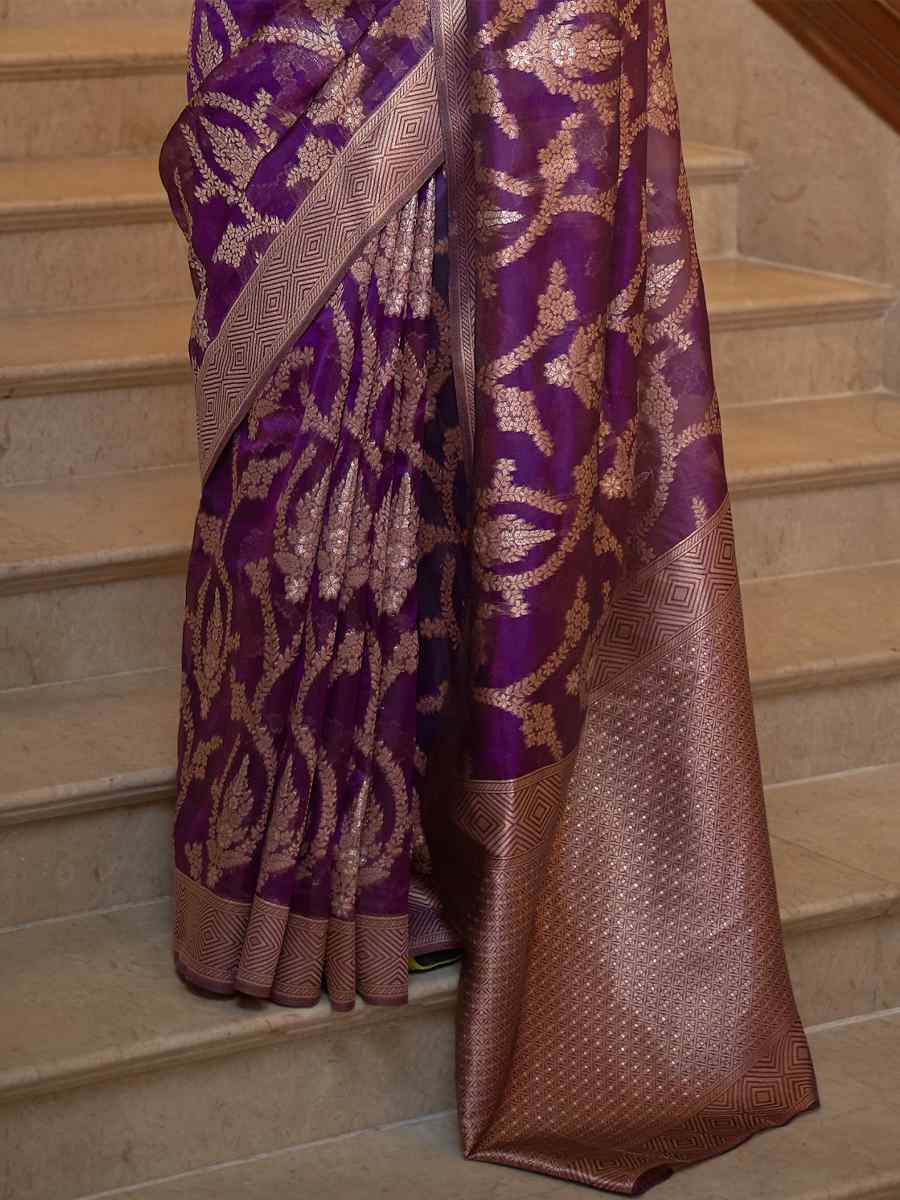 Purple Silk Handwoven Wedding Festival Heavy Border Saree