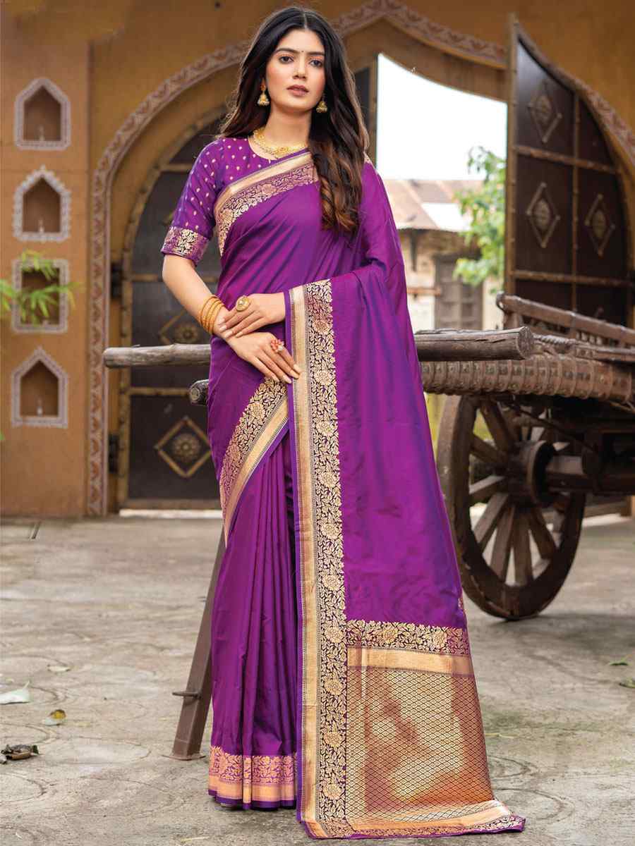 Purple Silk Handwoven Wedding Festival Heavy Border Saree