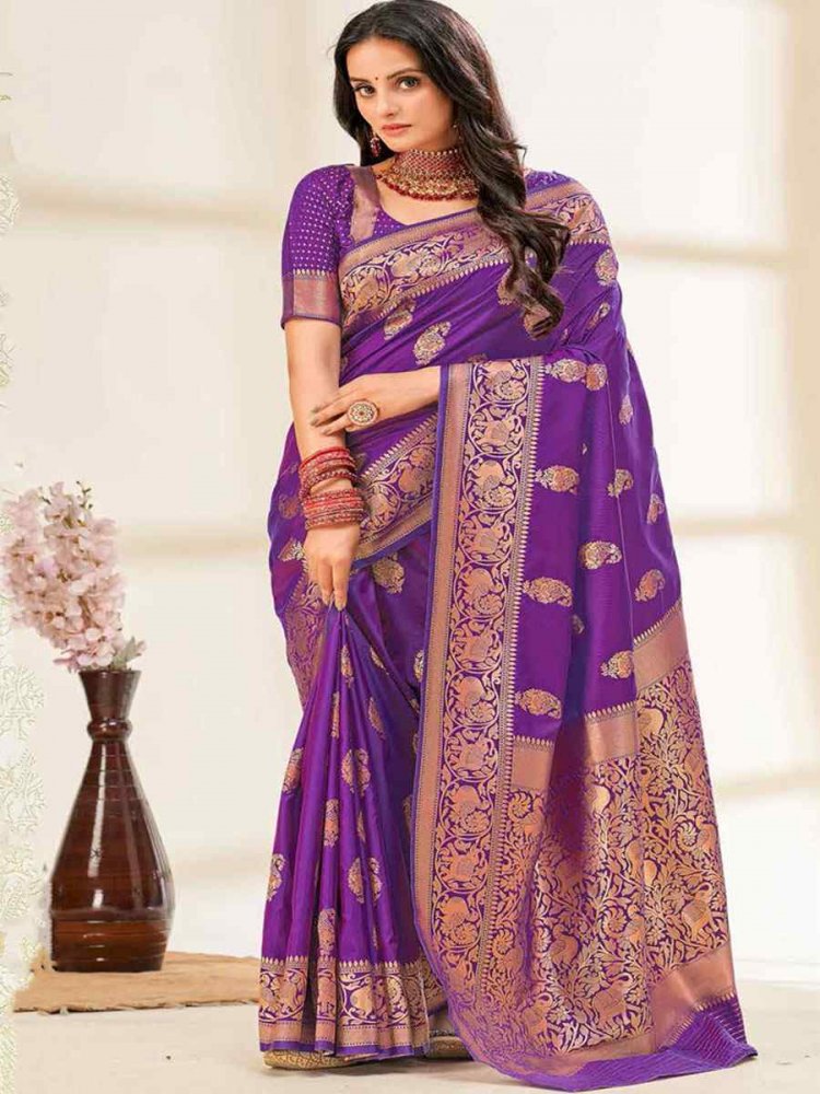 Purple Silk Handwoven Wedding Festival Heavy Border Saree