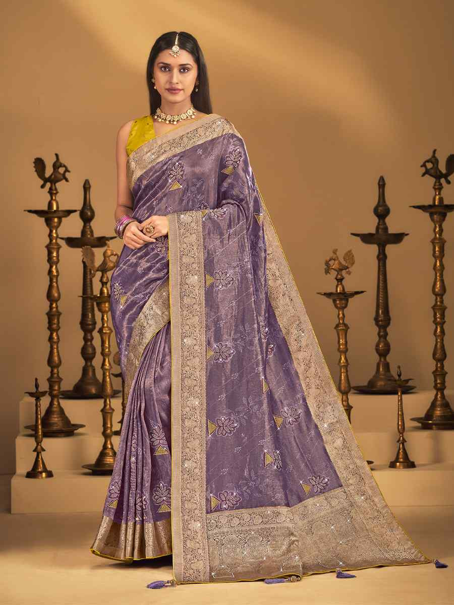 Purple Silk Handwoven with Embroidery Bridal Reception Festival Wedding Fancy Heavy Border Saree