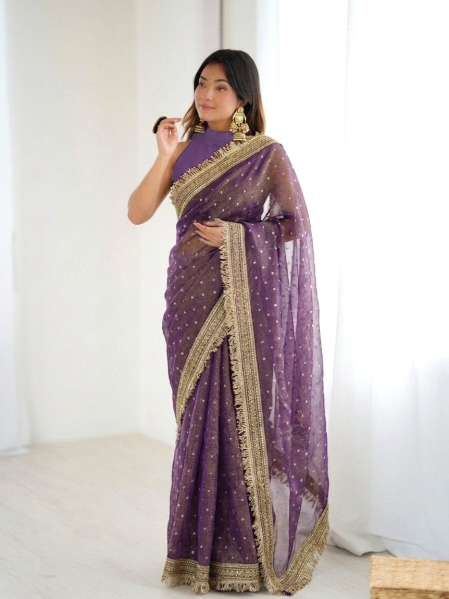 Purple Silk Jaquard Butti Wedding Reception Party Festival Casual Heavy Border Sarees