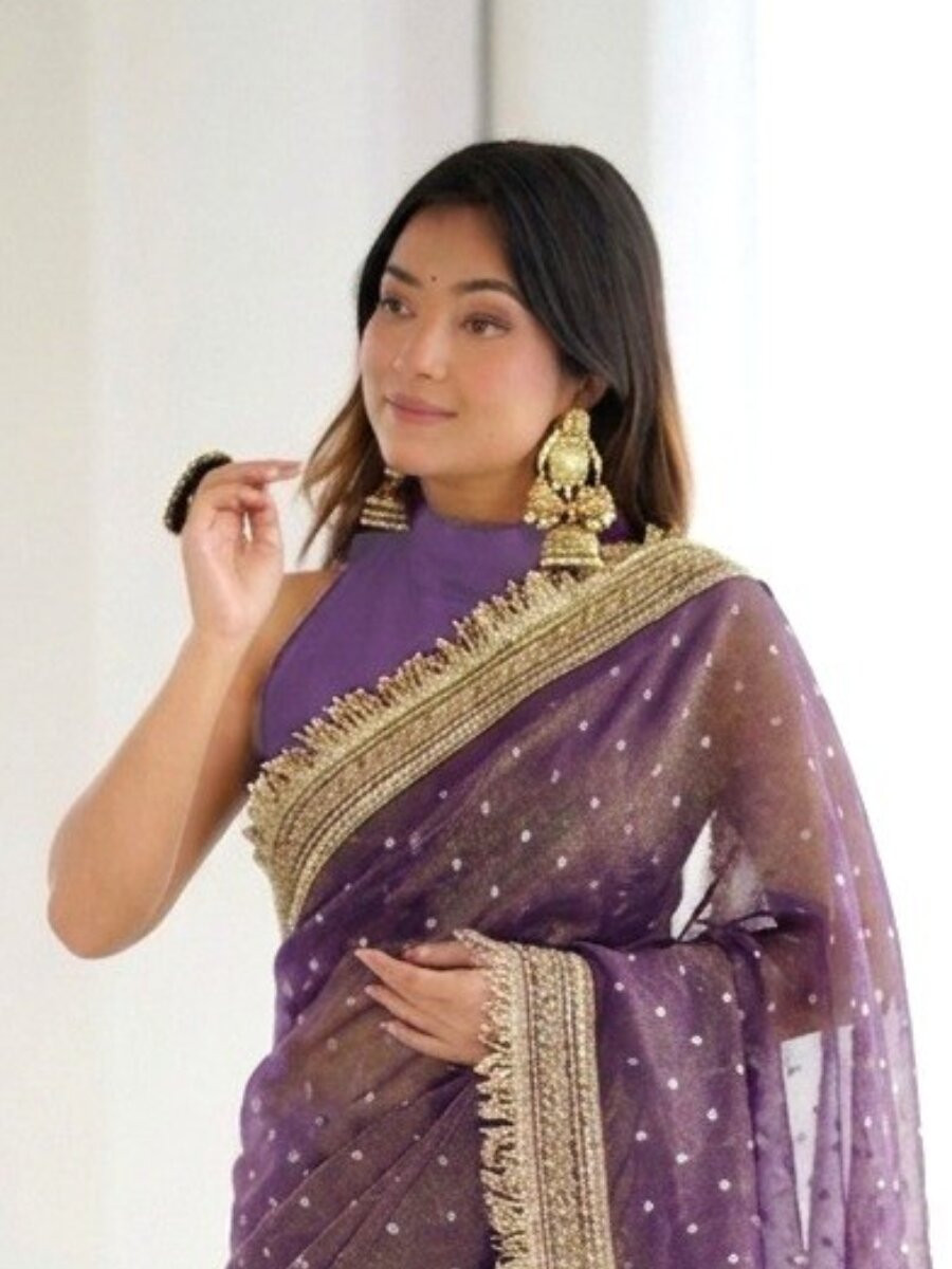 Purple Silk Jaquard Butti Wedding Reception Party Festival Casual Heavy Border Sarees