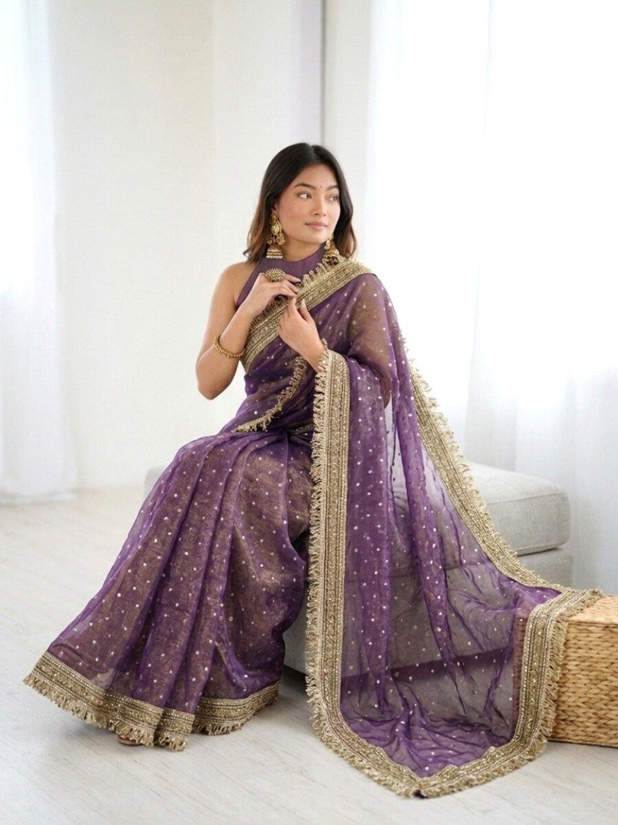 Purple Silk Jaquard Butti Wedding Reception Party Festival Casual Heavy Border Sarees