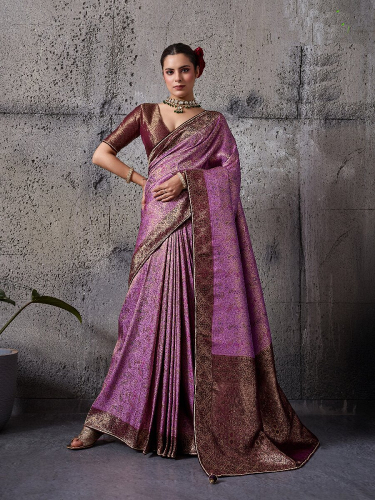 Image of Purple Silk Kanjivaram Wedding Reception Party Festival Casual Heavy Border Sarees