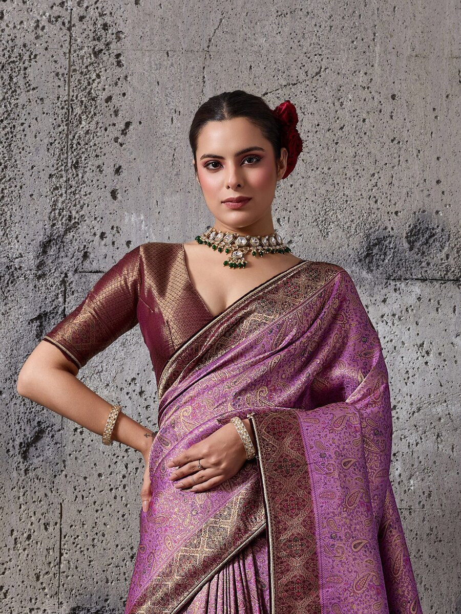 Purple Silk Kanjivaram Wedding Reception Party Festival Casual Heavy Border Sarees