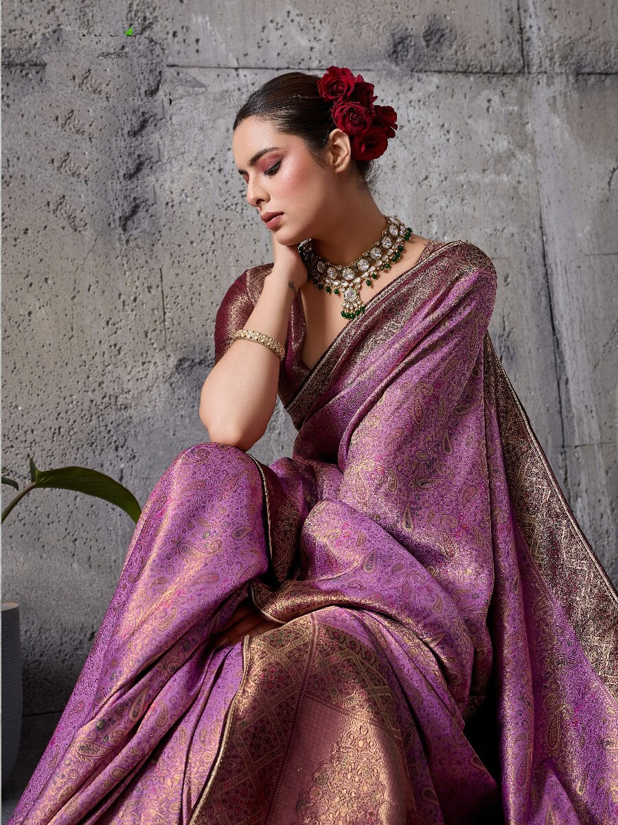 Purple Silk Kanjivaram Wedding Reception Party Festival Casual Heavy Border Sarees