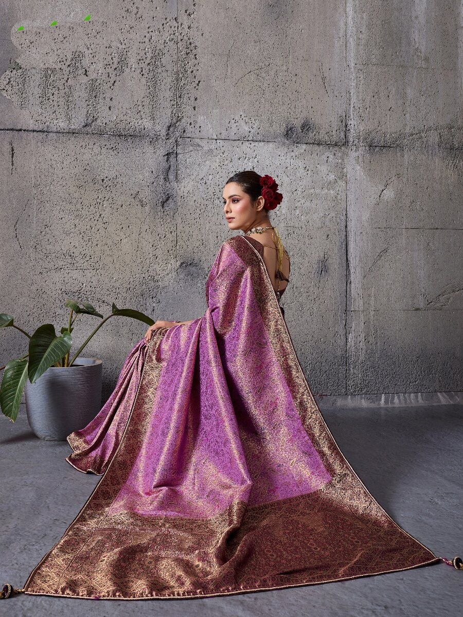 Purple Silk Kanjivaram Wedding Reception Party Festival Casual Heavy Border Sarees