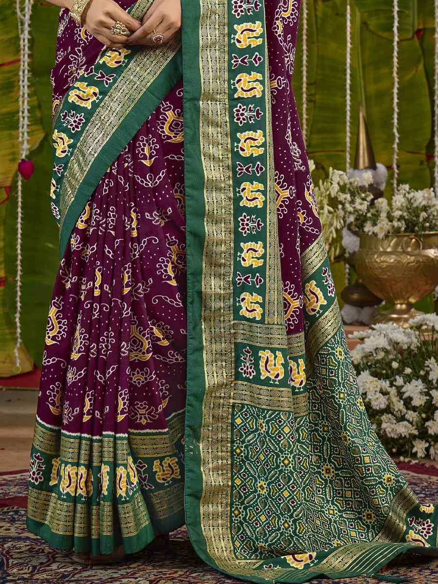 Purple Silk Printed Bridal Reception Festival Wedding Fancy Heavy Border Saree