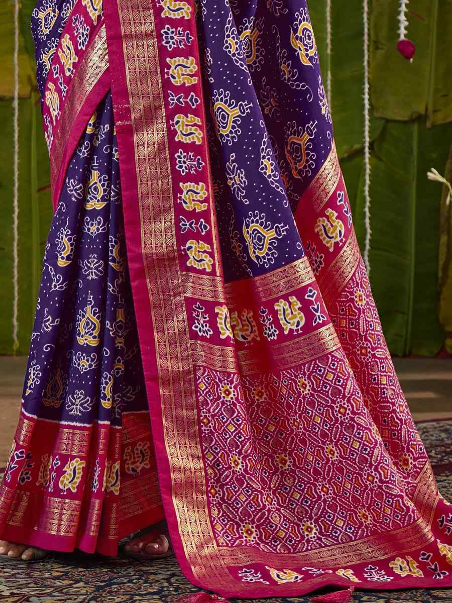 Purple Silk Printed Bridal Reception Festival Wedding Fancy Heavy Border Saree