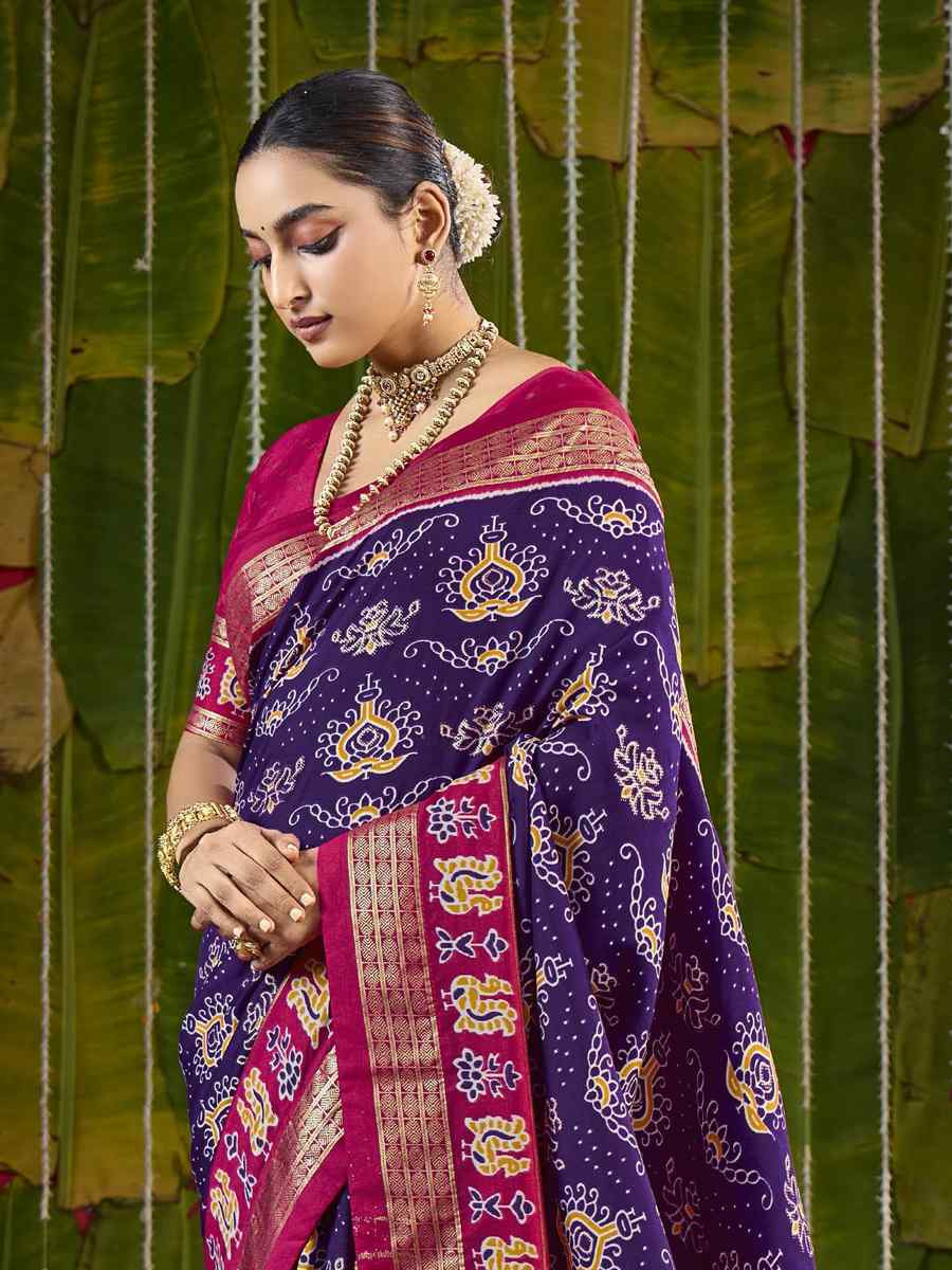 Purple Silk Printed Bridal Reception Festival Wedding Fancy Heavy Border Saree