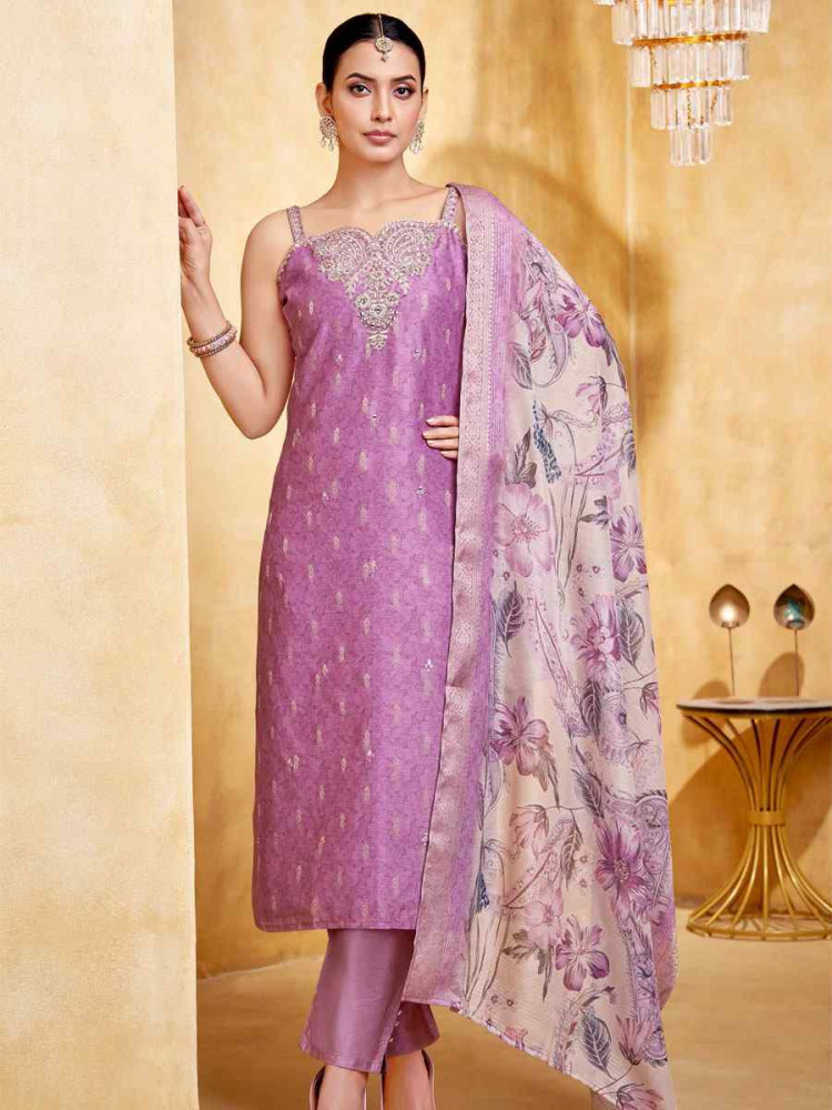 Image of Purple Silk Printed Embroidery Party Wedding Festival Casual Ready Pant Salwar Kameez