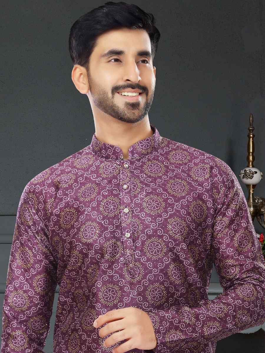Purple Silk Printed Festival Party Kurta