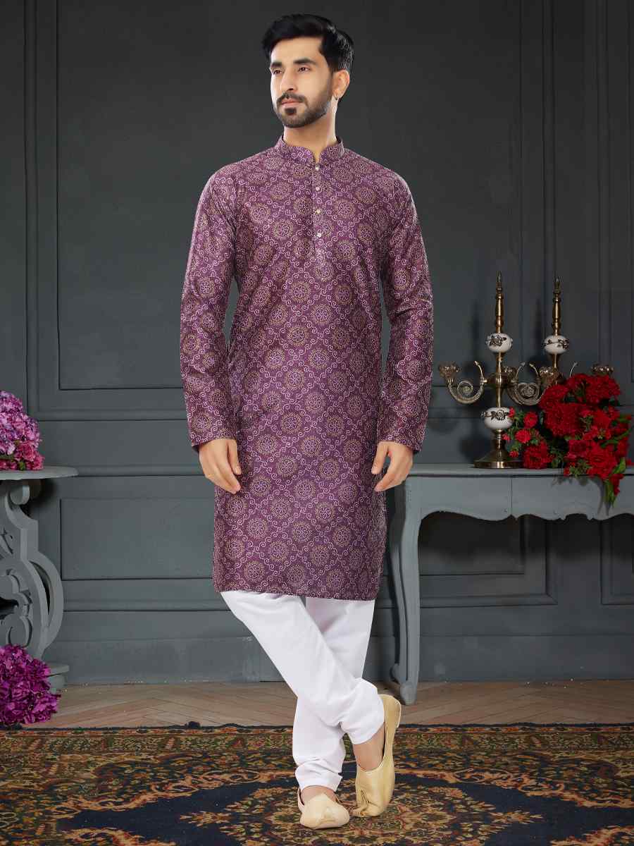 Purple Silk Printed Festival Party Kurta