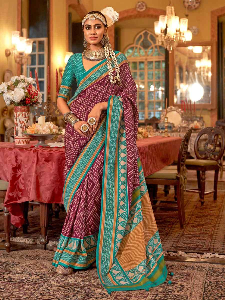 Purple Silk Printed Festival Wedding Fancy Heavy Border Saree