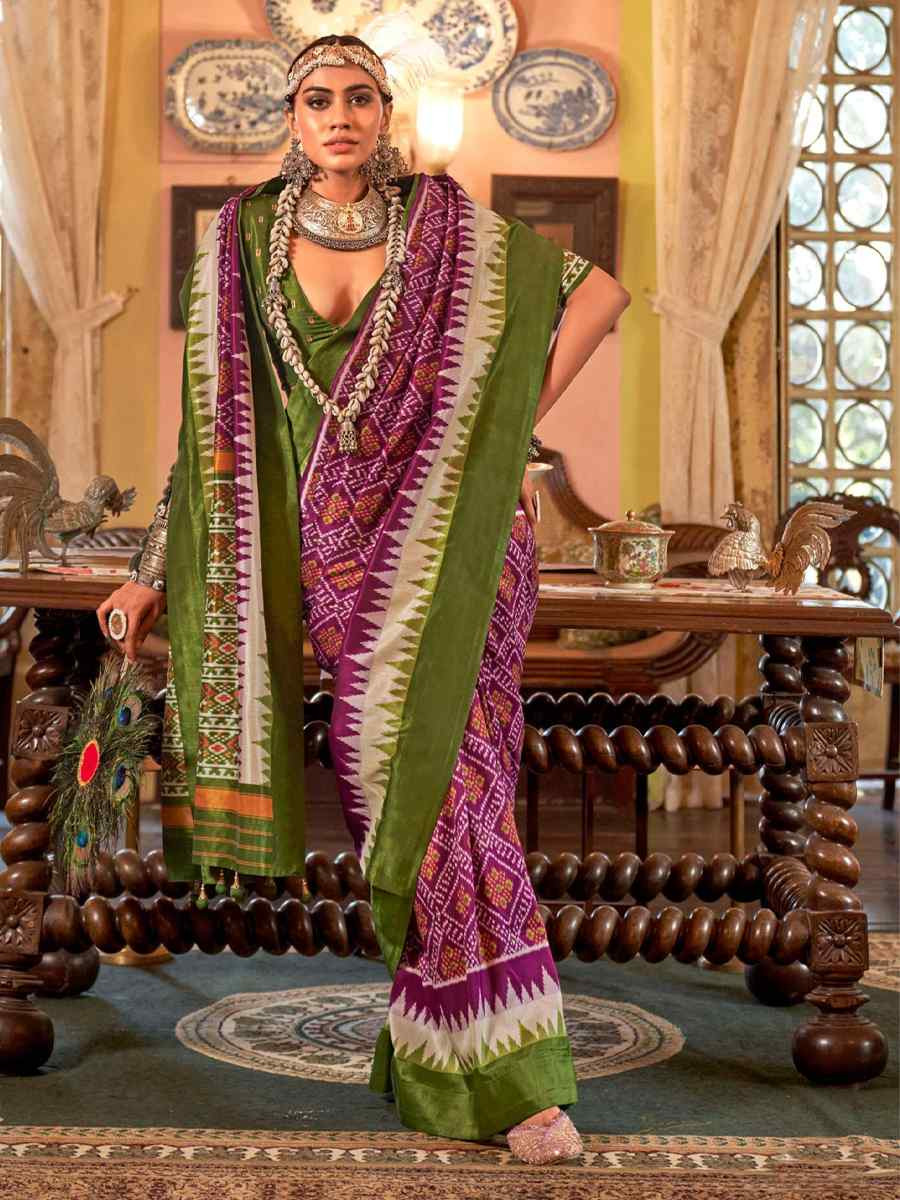 Purple Silk Printed Festival Wedding Fancy Heavy Border Saree