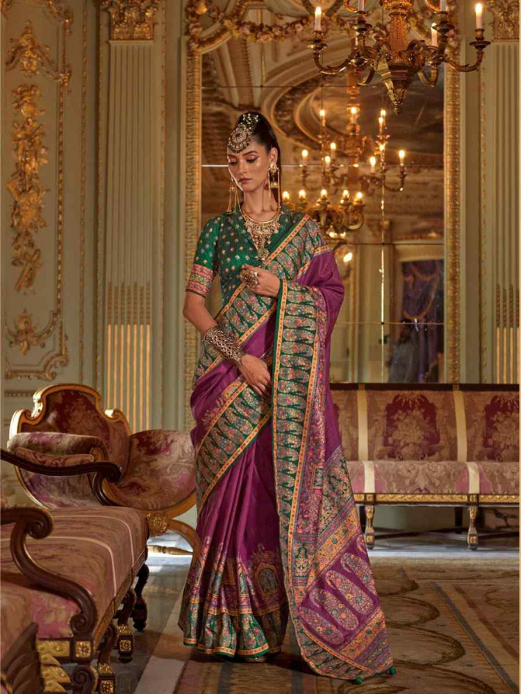 Image of Purple Silk Printed Festival Wedding Fancy Heavy Border Saree