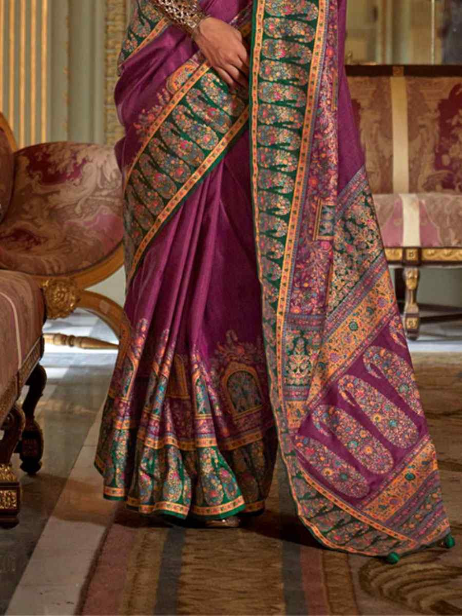 Purple Silk Printed Festival Wedding Fancy Heavy Border Saree
