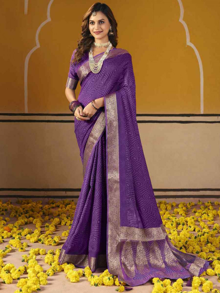 Image of Purple Silk Printed Handwoven Casual Reception Festival Wedding Fancy Classic Style Sarees