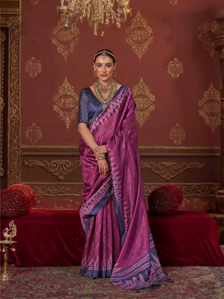Image of Purple Silk Printed Party Reception Casual Wedding Contemporary Sarees