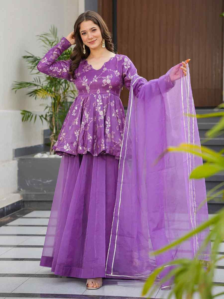 Purple Silk Printed Party Wedding Festival Casual Ready Palazzo Pant Salwar Kameez