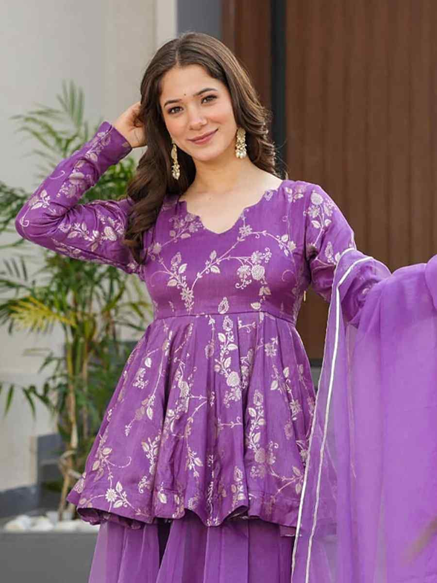 Purple Silk Printed Party Wedding Festival Casual Ready Palazzo Pant Salwar Kameez