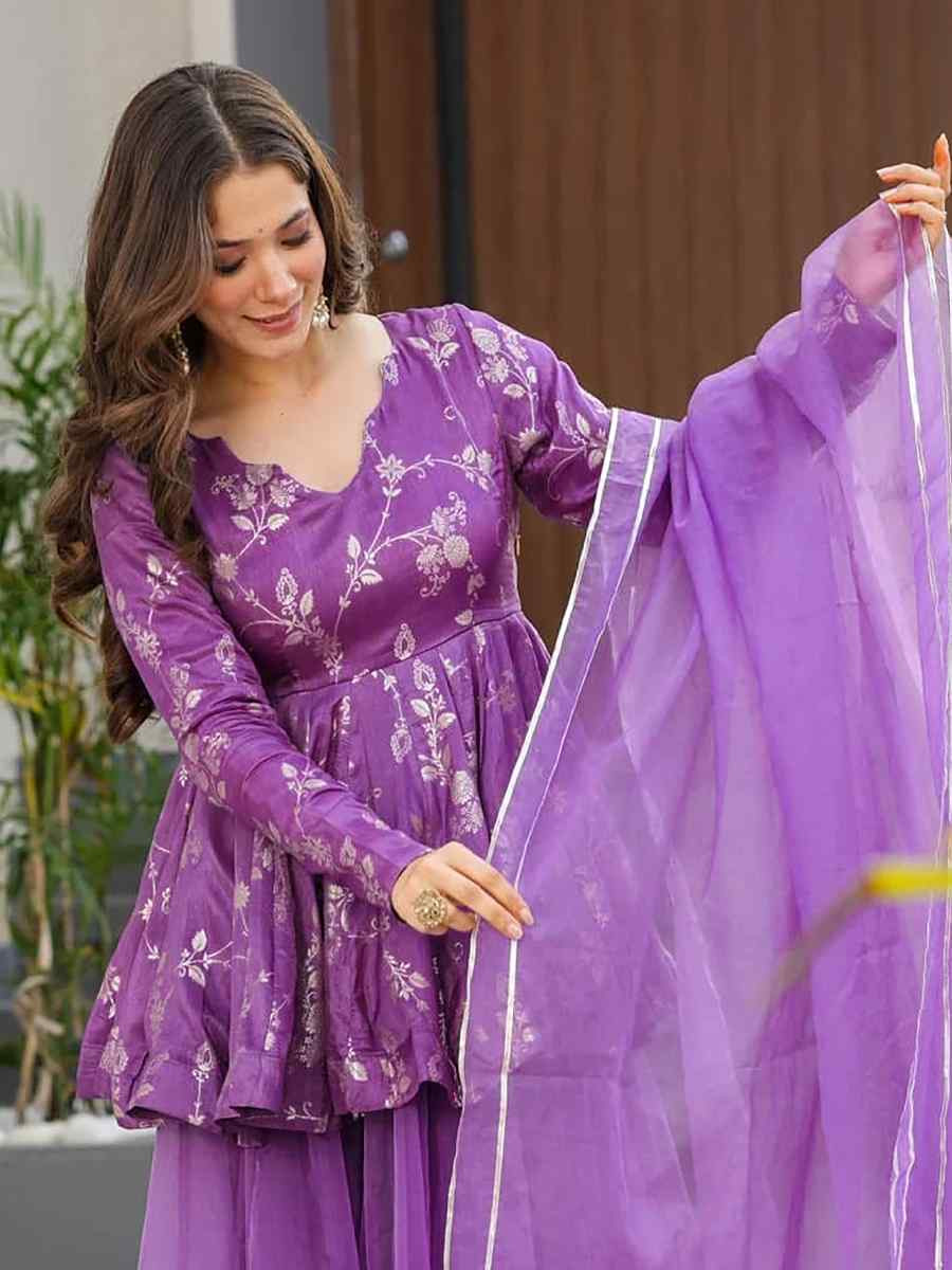 Purple Silk Printed Party Wedding Festival Casual Ready Palazzo Pant Salwar Kameez