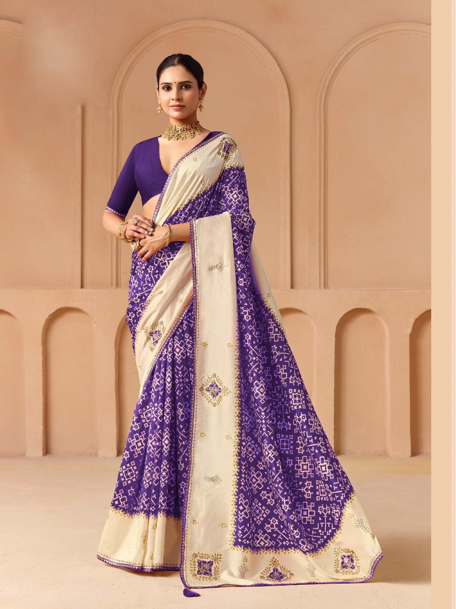 Purple Silk Printed Stone Work Wedding Reception Party Festival Casual Heavy Border Sarees