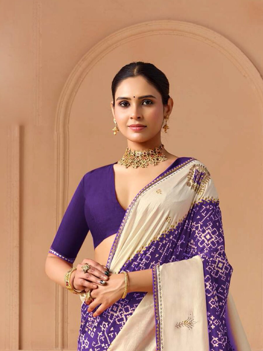 Purple Silk Printed Stone Work Wedding Reception Party Festival Casual Heavy Border Sarees